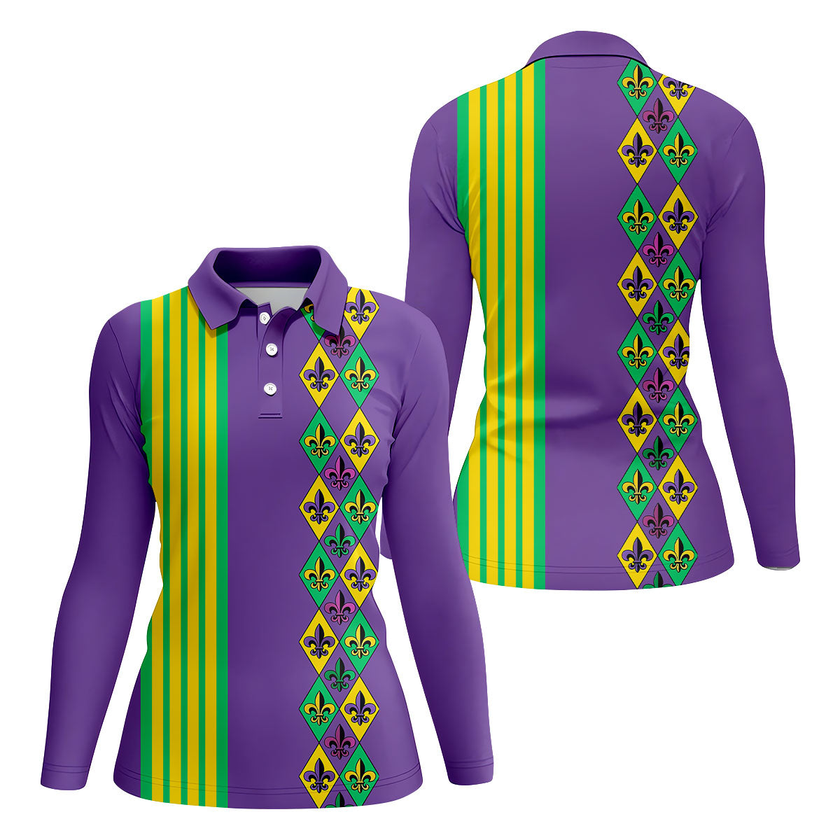 Fleur De Lis Argyle Pattern Purple Green Gold Stripes Women's Golf Shirts, Ladies Golf Polos, Golf Shirt For Women