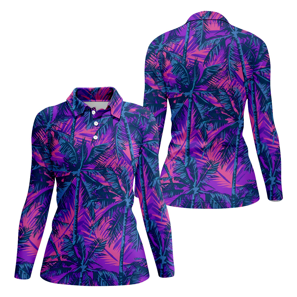 Purple Pink Tropical Palm Trees Golf Shirt, Golf Polo For Women, Printed Golf Shirt