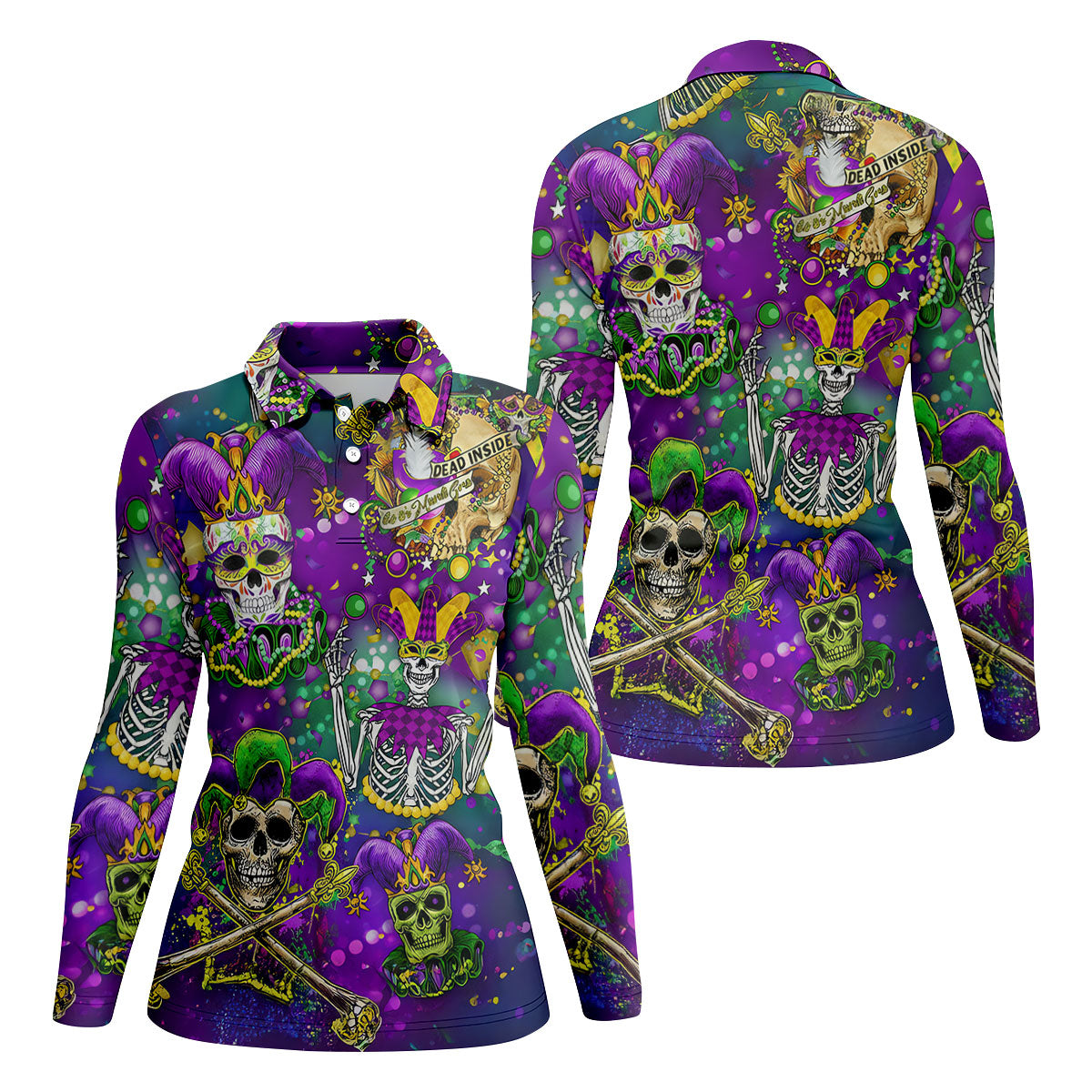 Dead Inside Mardi Gras Festival Skull Purple Green Gold Women's Golf Tops, Ladies Golf Polos