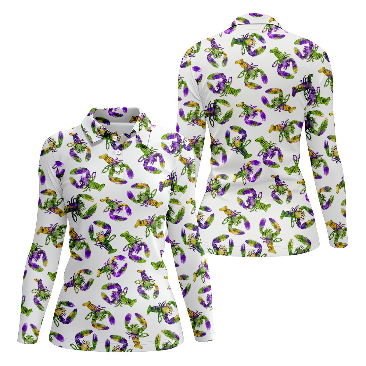 Purple Green Gold Crawfish Pattern Mardi Gras Golf Shirt, Women's Golf Tops, Ladies Golf Polos
