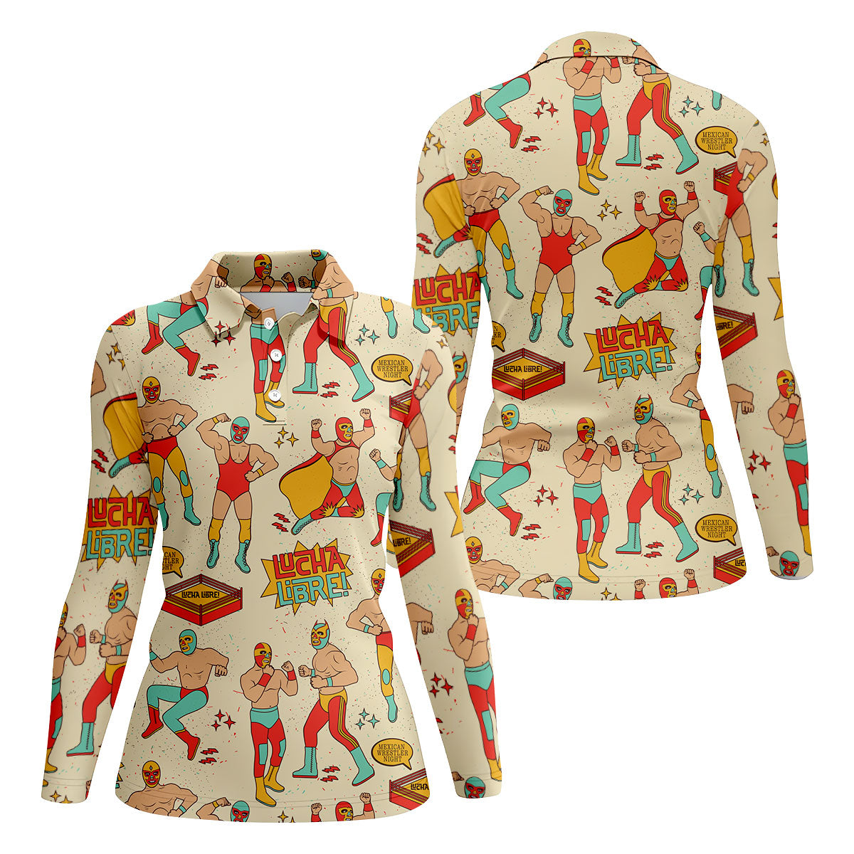 Beige Lucha Libre Mexican Wrestler Pattern Golf Shirt, Women's Golf Tops, Printed Golf Shirt