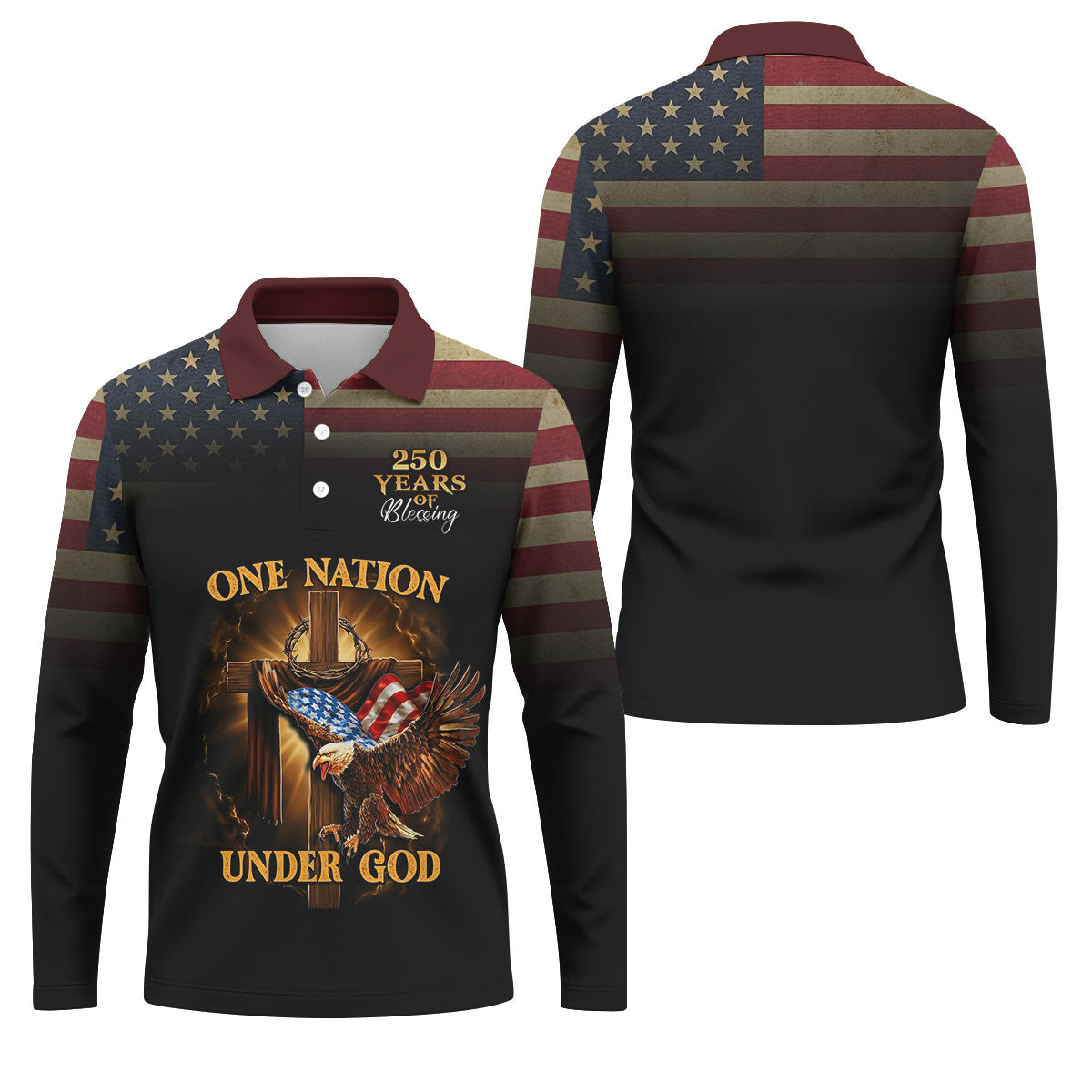 One Nation Under God 250 Years Faith Cross Golf Tops For Men, Patriotic US Flag Father's Day Golf Shirt