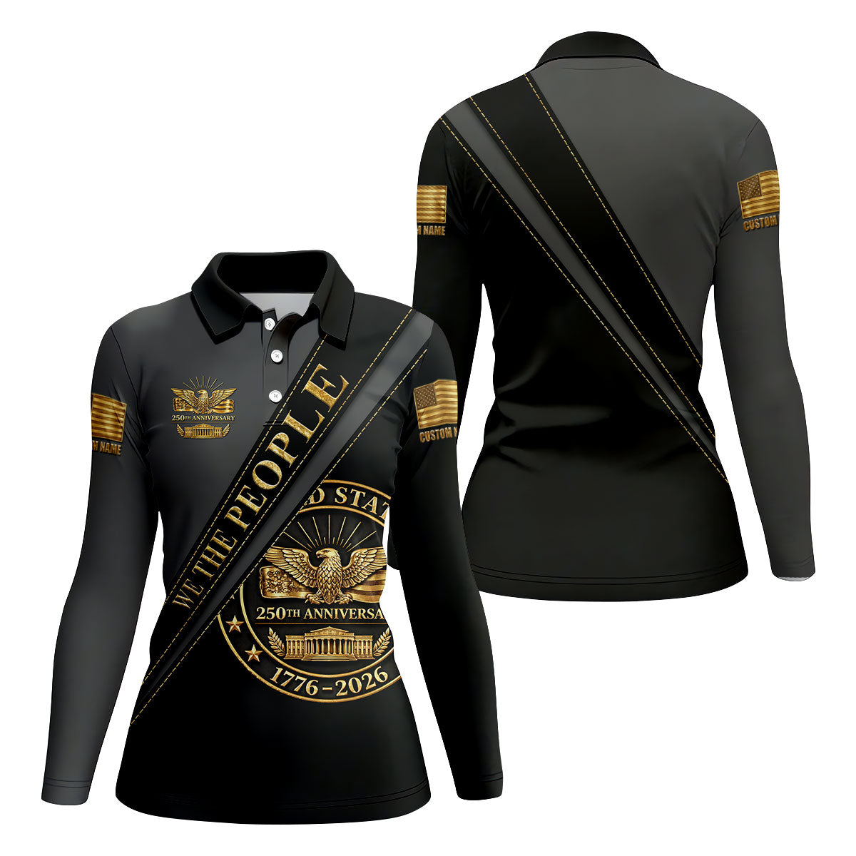 We The People 250th Anniversary Black And Gold Ladies Golf Tops, Patriotic 4th Of July Golf Shirt For Women