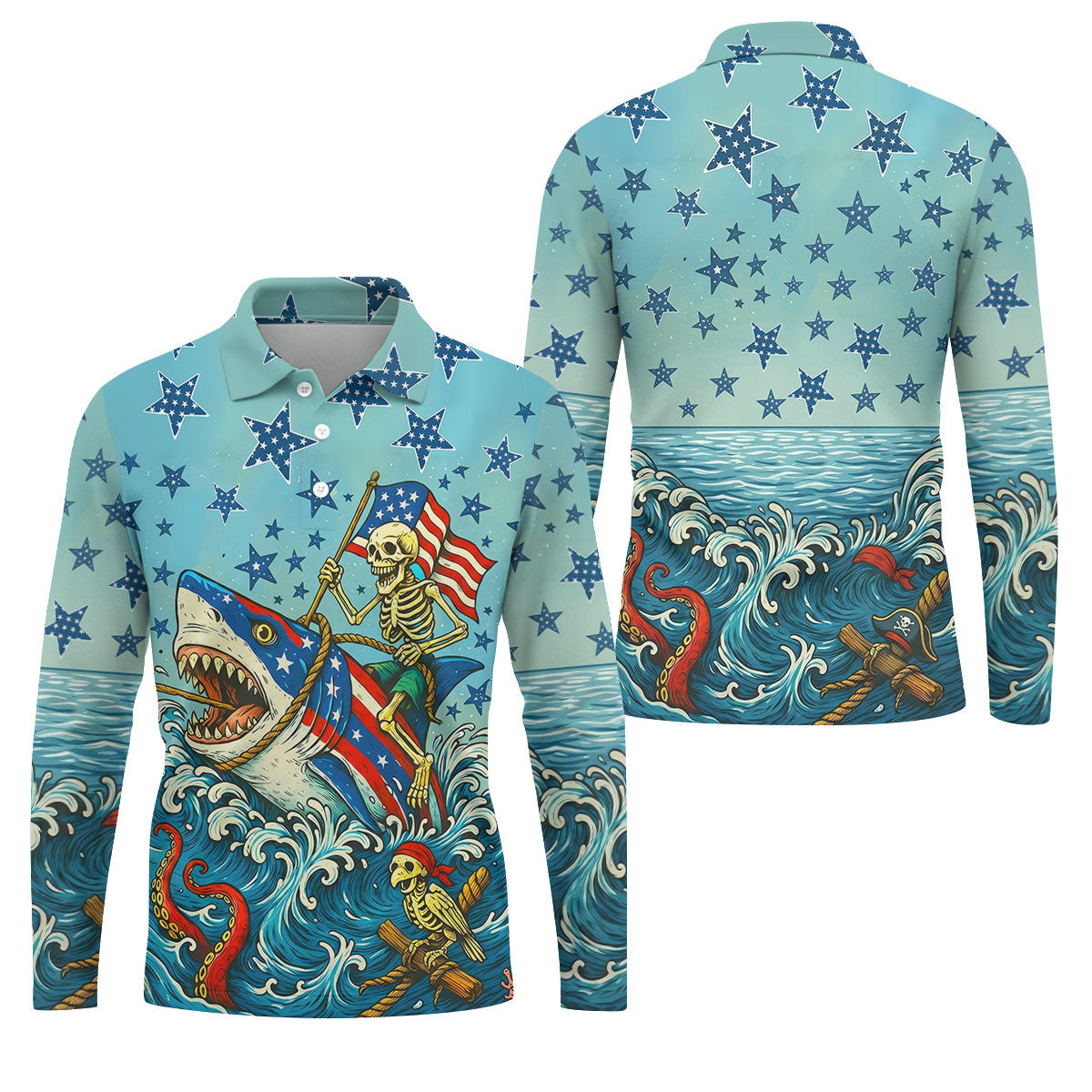 Skeleton Riding Shark Patriotic Golf Shirt, 4th Of July Golf Shirt, 250 Years Polo Shirts For Men