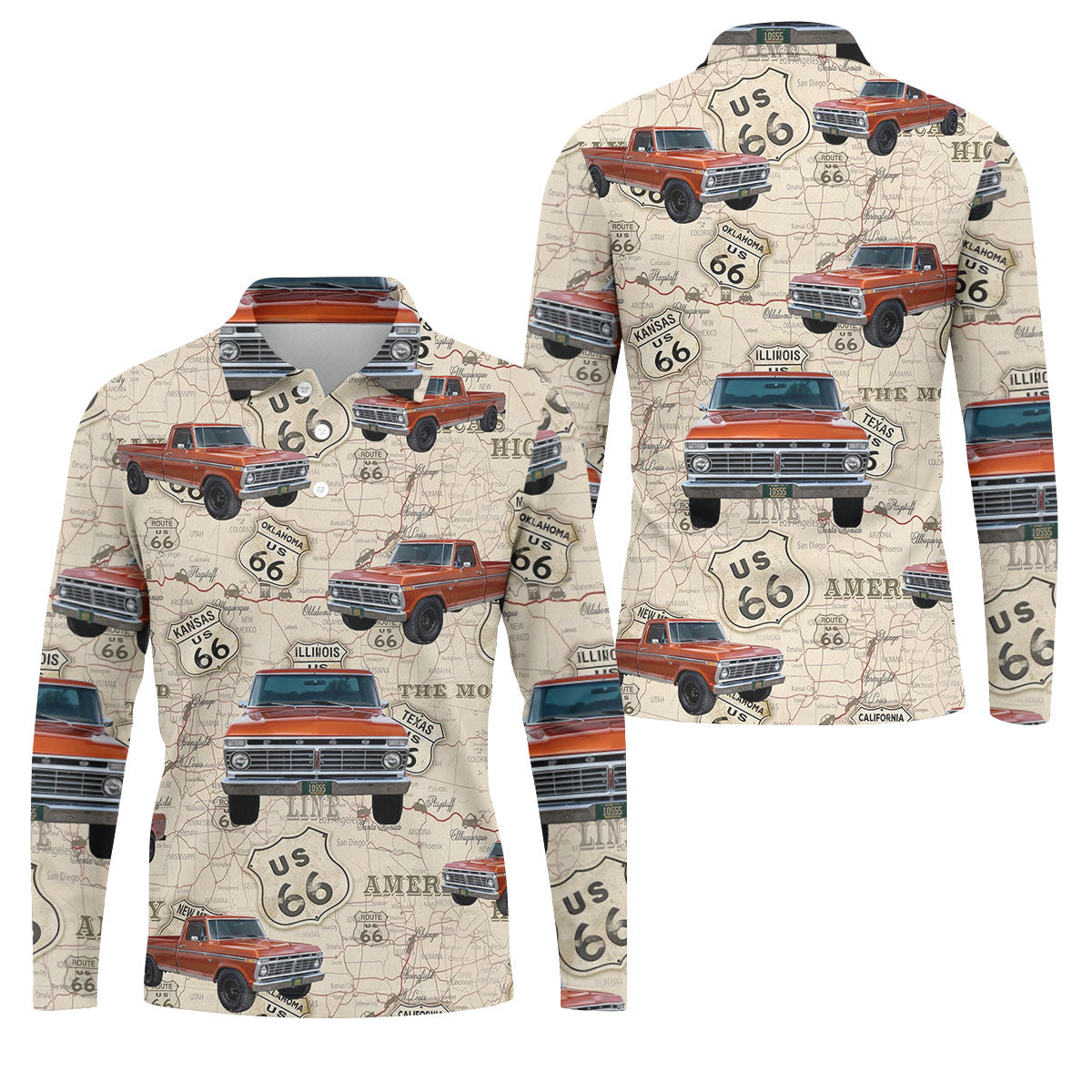Custom Photo Truck Golf Shirt, Vintage Pickup Route 66 Map Pattern, Golf Shirt For Men