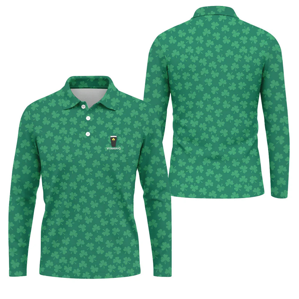 Vitamin G Shamrock Pattern Golf And Beer Green Golf Shirt, St Patrick's Day Golf Shirt, Polo Shirts For Men