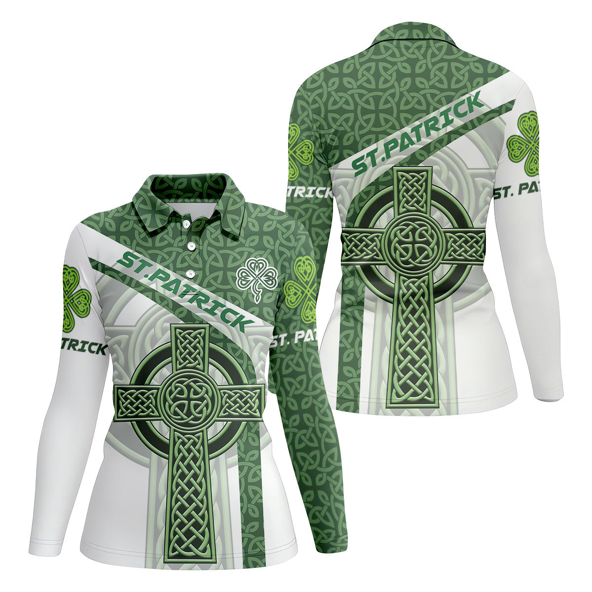 St Patrick's Day Celtic Knotwork Pattern Shamrock Golf Shirt, Women's Golf Tops, Ladies Golf Polos