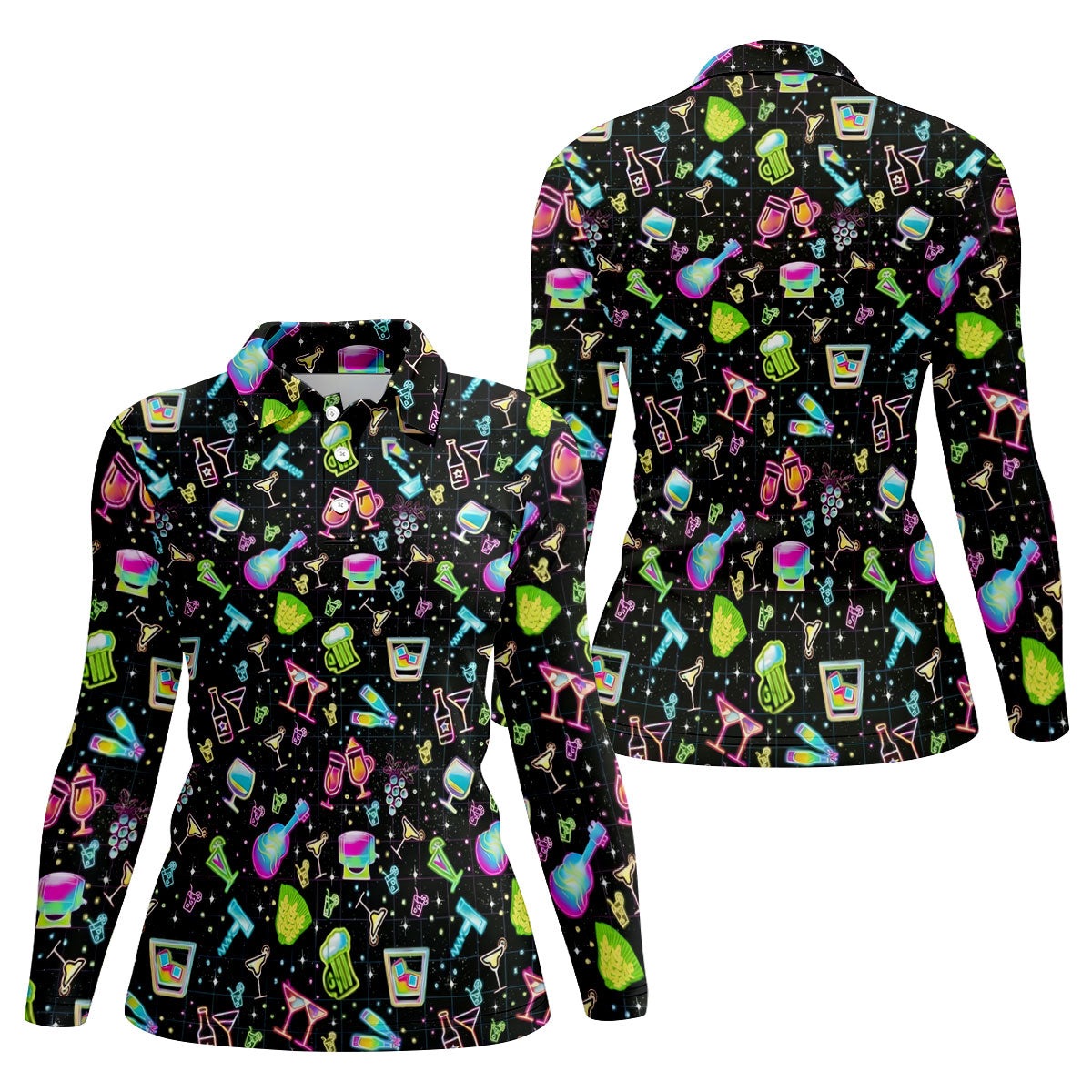 Neon Cocktail Party Pattern Golf Shirt, Women's Golf Shirt, Hawaiian Golf Shirt