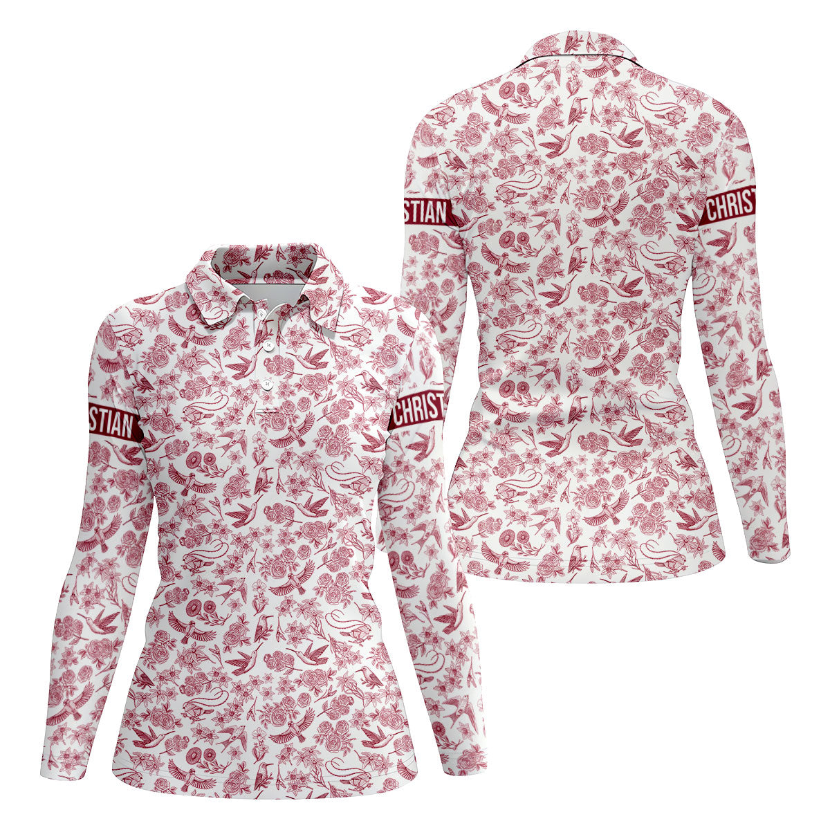 Custom Name Toile de Jouy Birds And Flowers White And Red Women Golf Top, Ladies Golf Polos