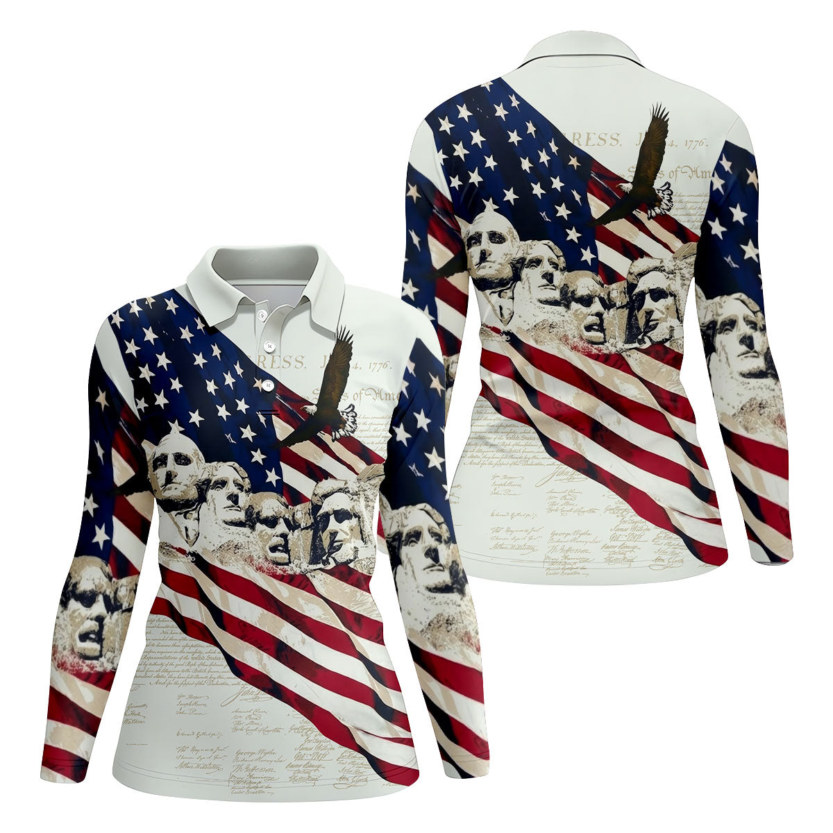 Mount Rushmore American Flag Pattern 4th Of July Patriotic Golf Shirt, 250th Anniversary Women's Golf Tops