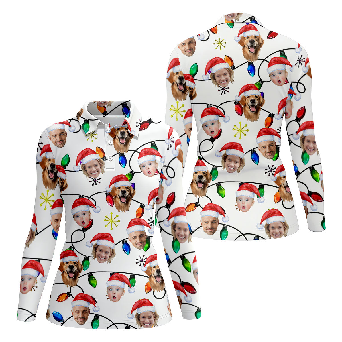 Custom Family Portrait Christmas Lights Pattern Women Golf Top, Christmas Golf Shirt, Ladies Golf Tops