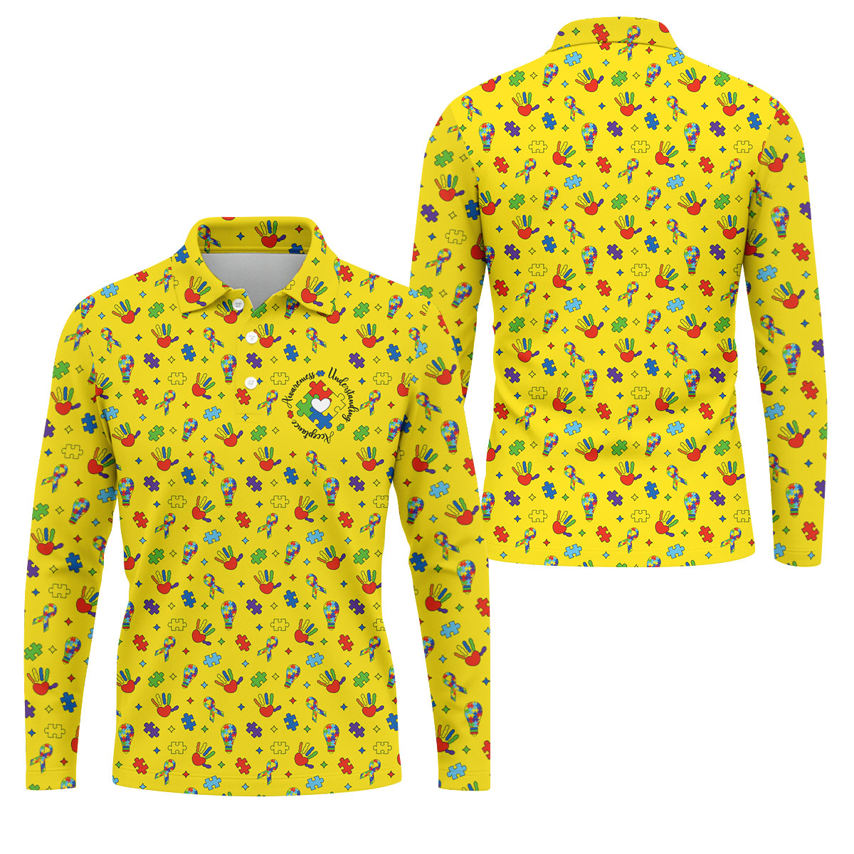 Awareness Understanding Acceptance Autism Ribbon Yellow Golf Shirt, Autism Awareness Colors Golf Shirts For Men