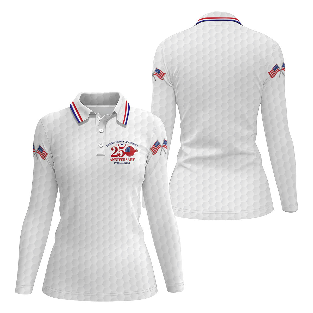 USA 250th Anniversary Golf Ball Pattern White Golf Shirt, 4th Of July Patriotic Golf Shirt For Women