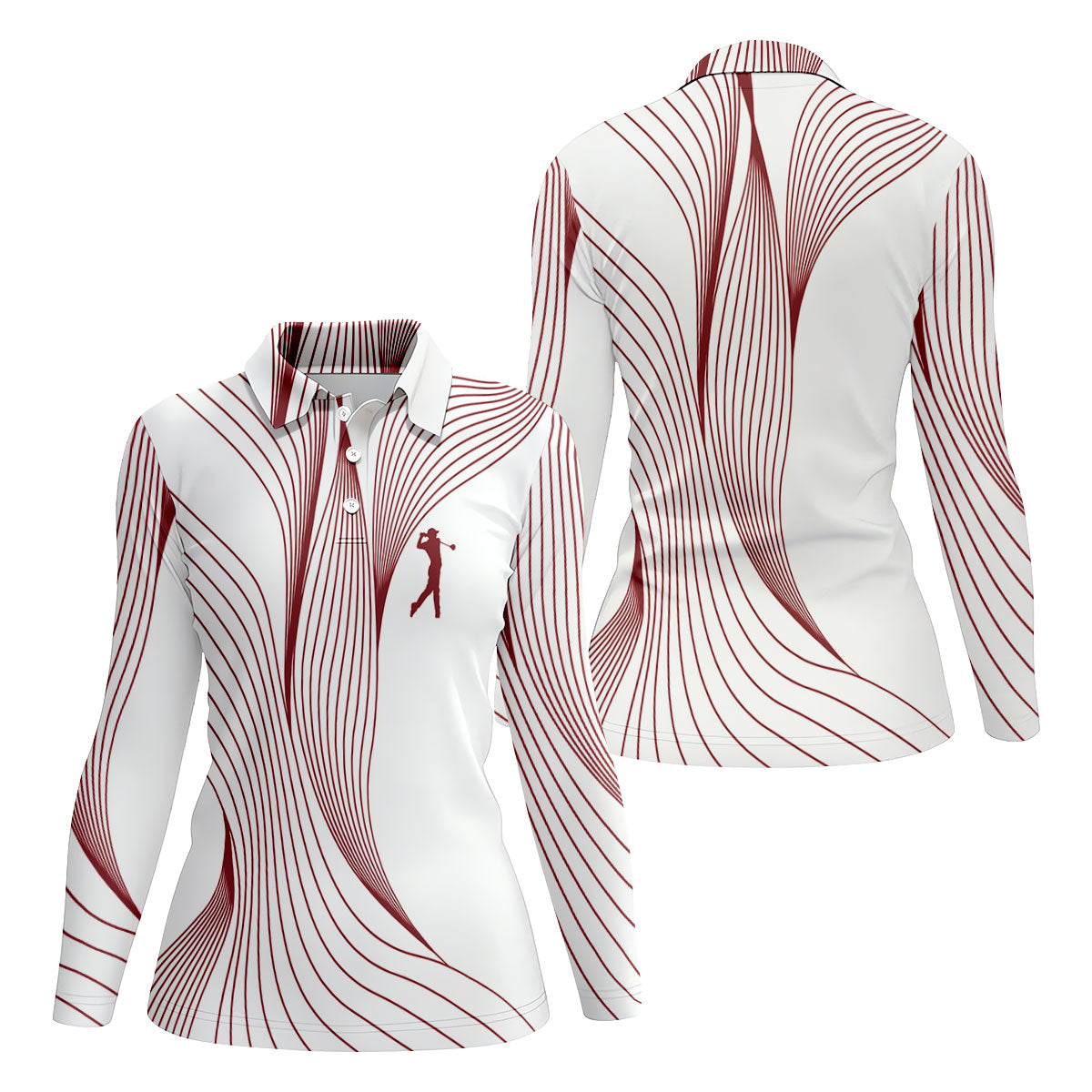 Geometric Line Wavy Line Maroon And White Women's Golf Tops, Ladies Golf Shirts, Women's Polo Shirt