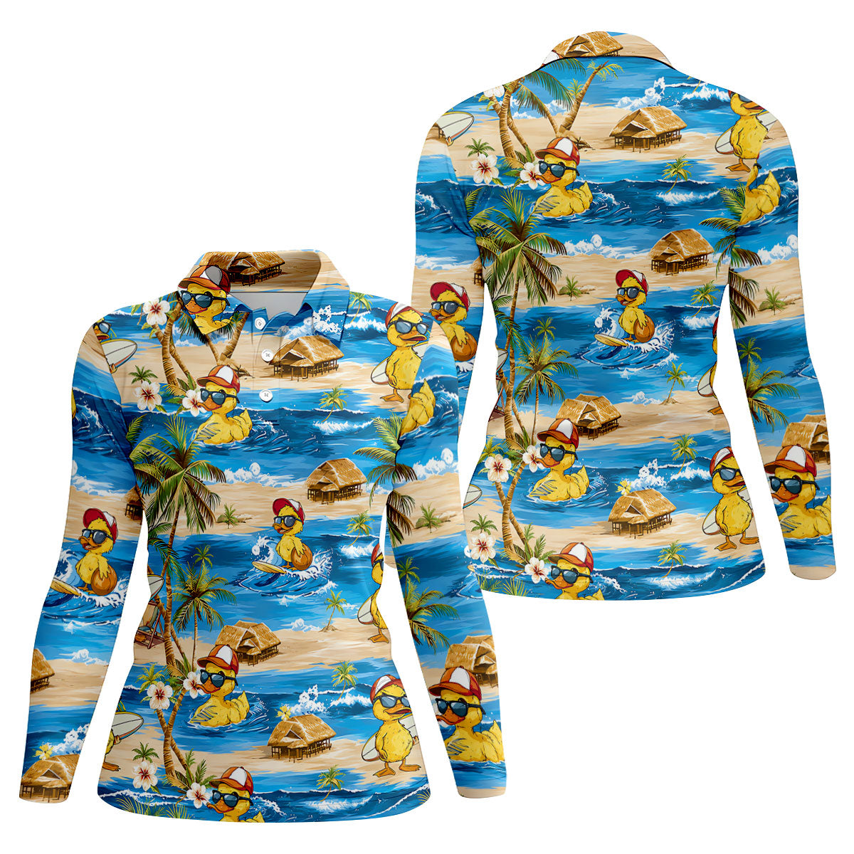 Cool Duck Hawaiian Golf Shirt, Surfing Duck Beach Women's Golf Polo, Polo Shirts For Women