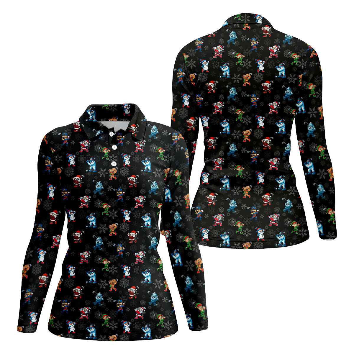 Funny Christmas Characters Golf Pose Black Golf Shirt, Christmas Golf Shirt, Ladies Golf Shirts, Women's Polo Shirt