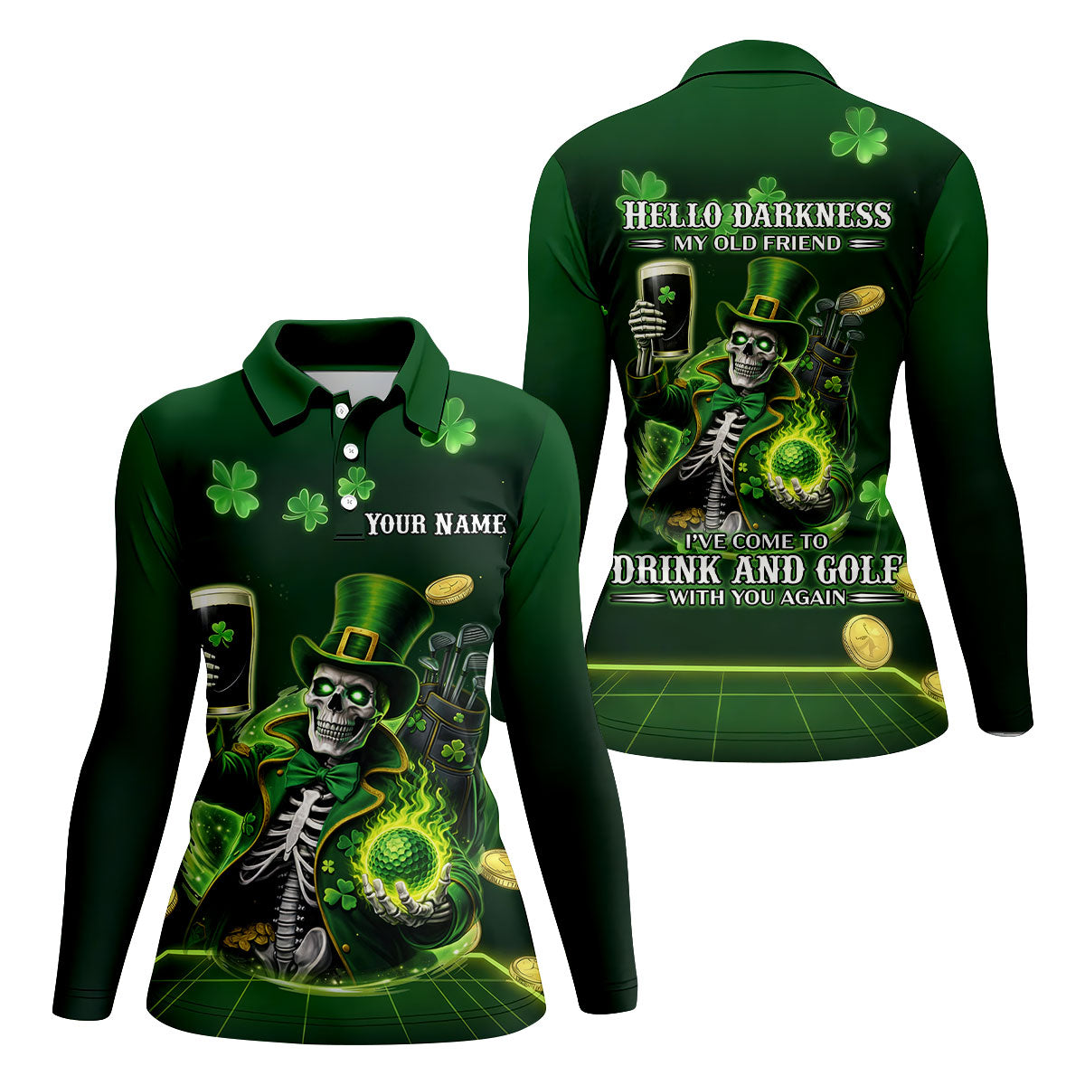 Irish Skull Leprechaun Hat Dark Beer Green St Patrick's Day Women's Golf Tops, Ladies Golf Polos