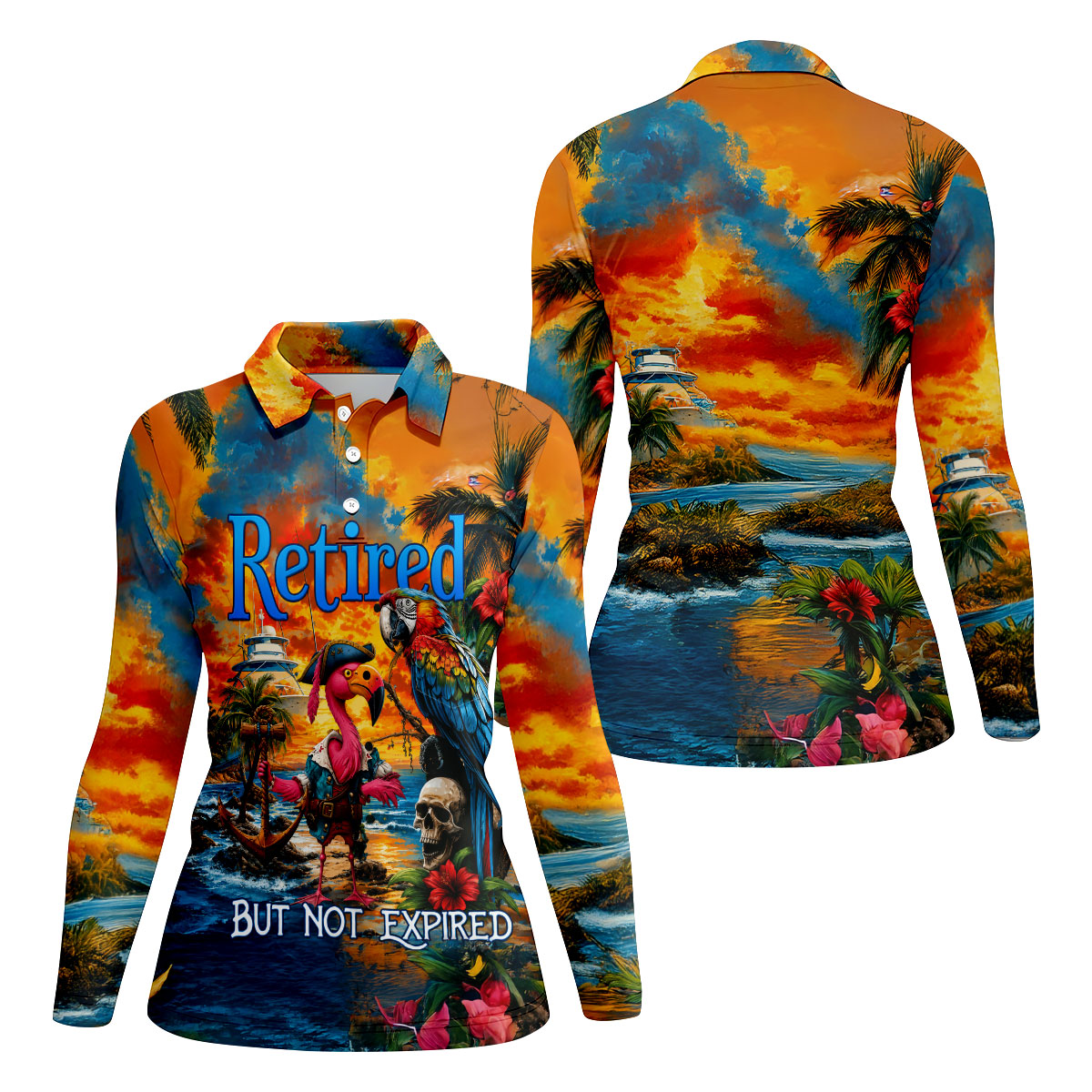 Retired Parrot Flamingo Pirate Tropical Golf Shirt, Women’s Golf Polo, Ladies Golf Shirts, Printed Golf Shirt