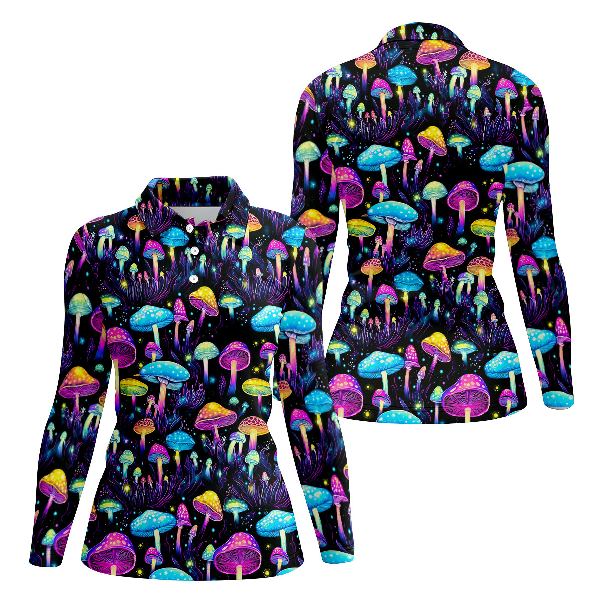 Colorful Neon Mushroom Fantasy Forest Golf Shirt, Women’s Golf Polo, Golf Tops For Women, Printed Golf Shirt