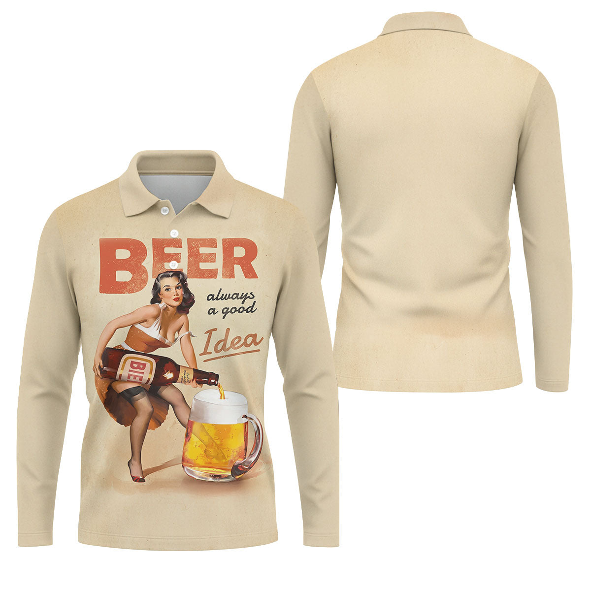 Vintage Beer Pin-Up Girl Design Hawaiian Golf Shirt, Golf Shirts For Men, Polo Shirts For Men