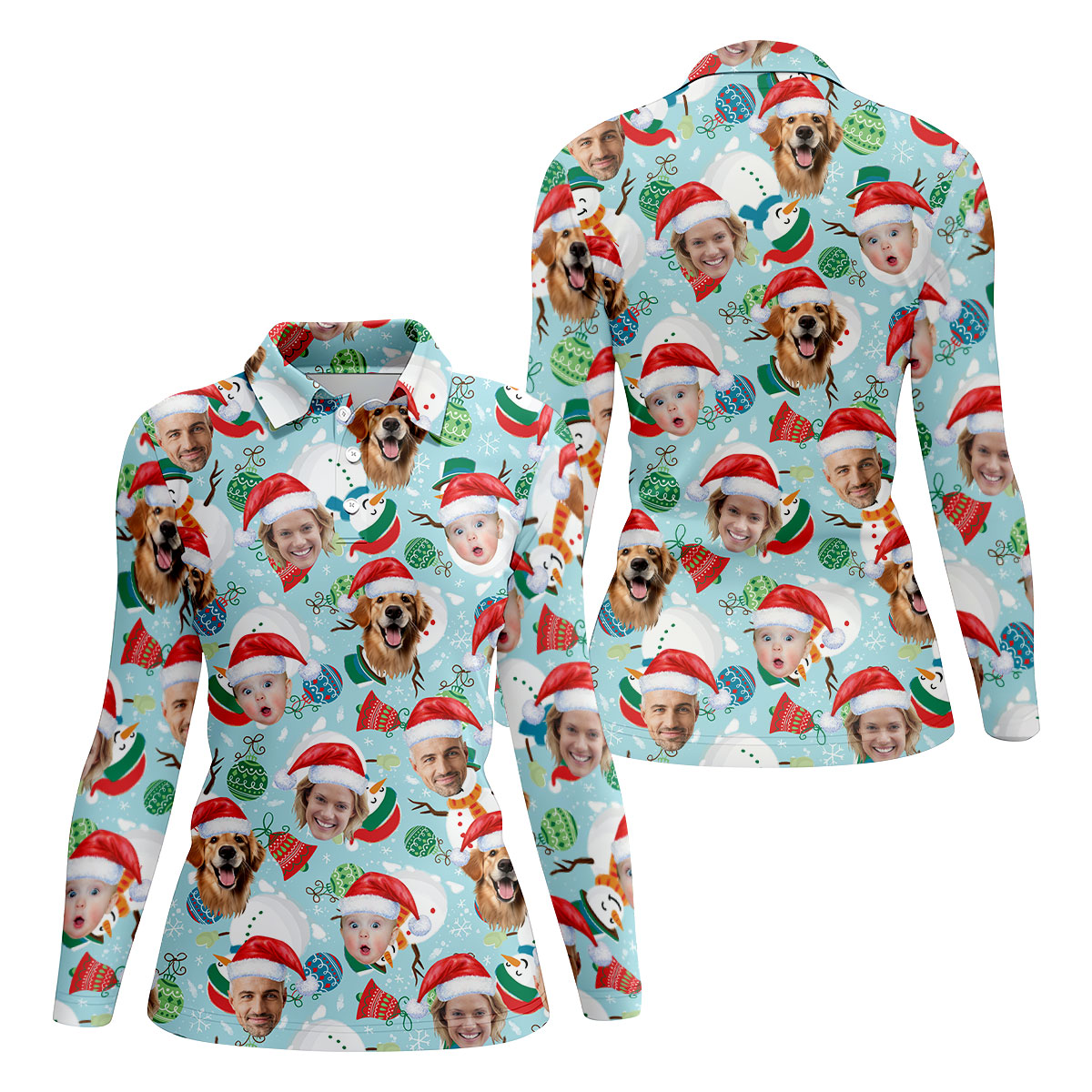 Custom Face Joyful Christmas Icy Blue Christmas Golf Shirt, Ladies Golf Tops, Golf Gifts For Women