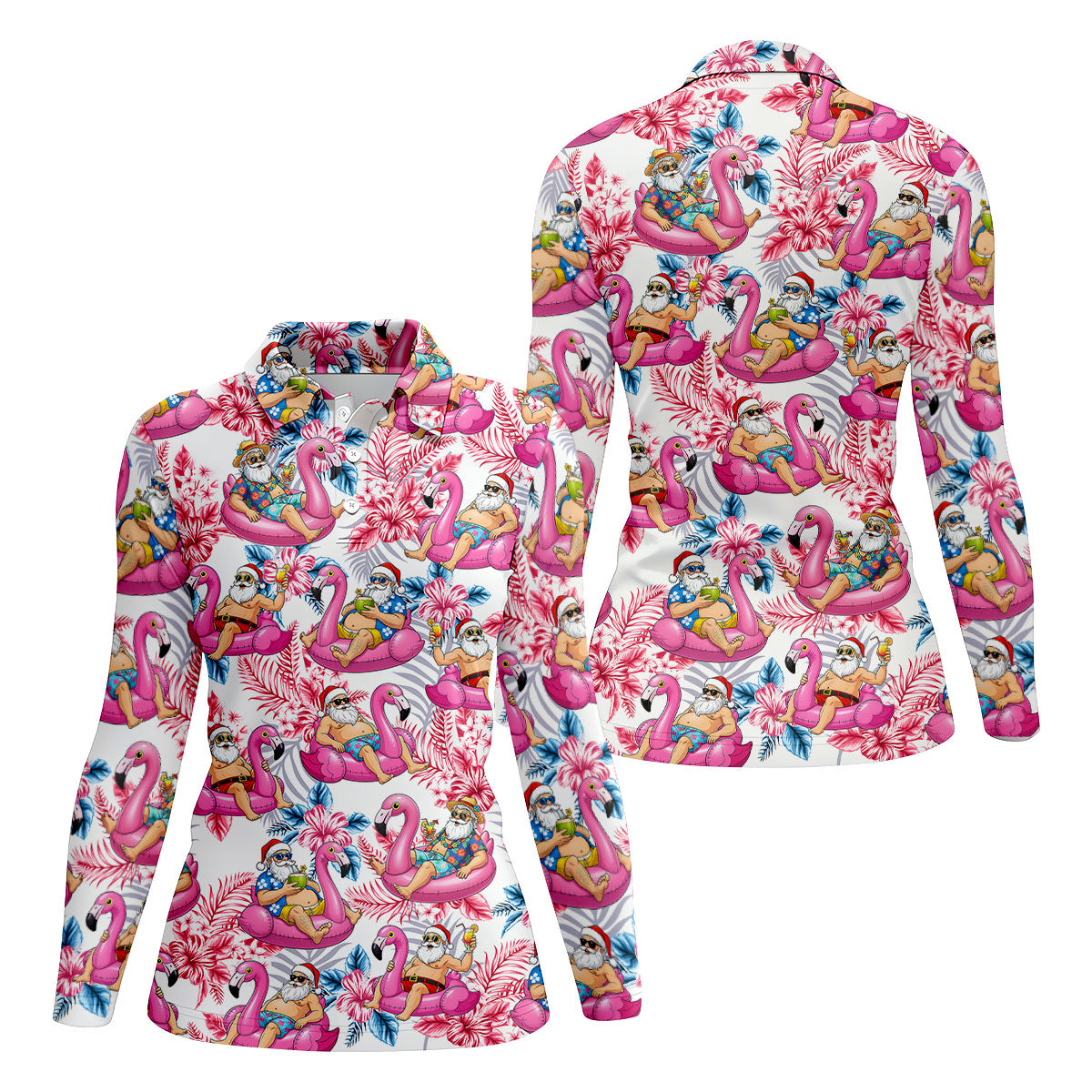 Santa Flamingo Float Tropical Christmas Golf Shirt, Christmas Shirts For Women, Christmas Golf Shirt
