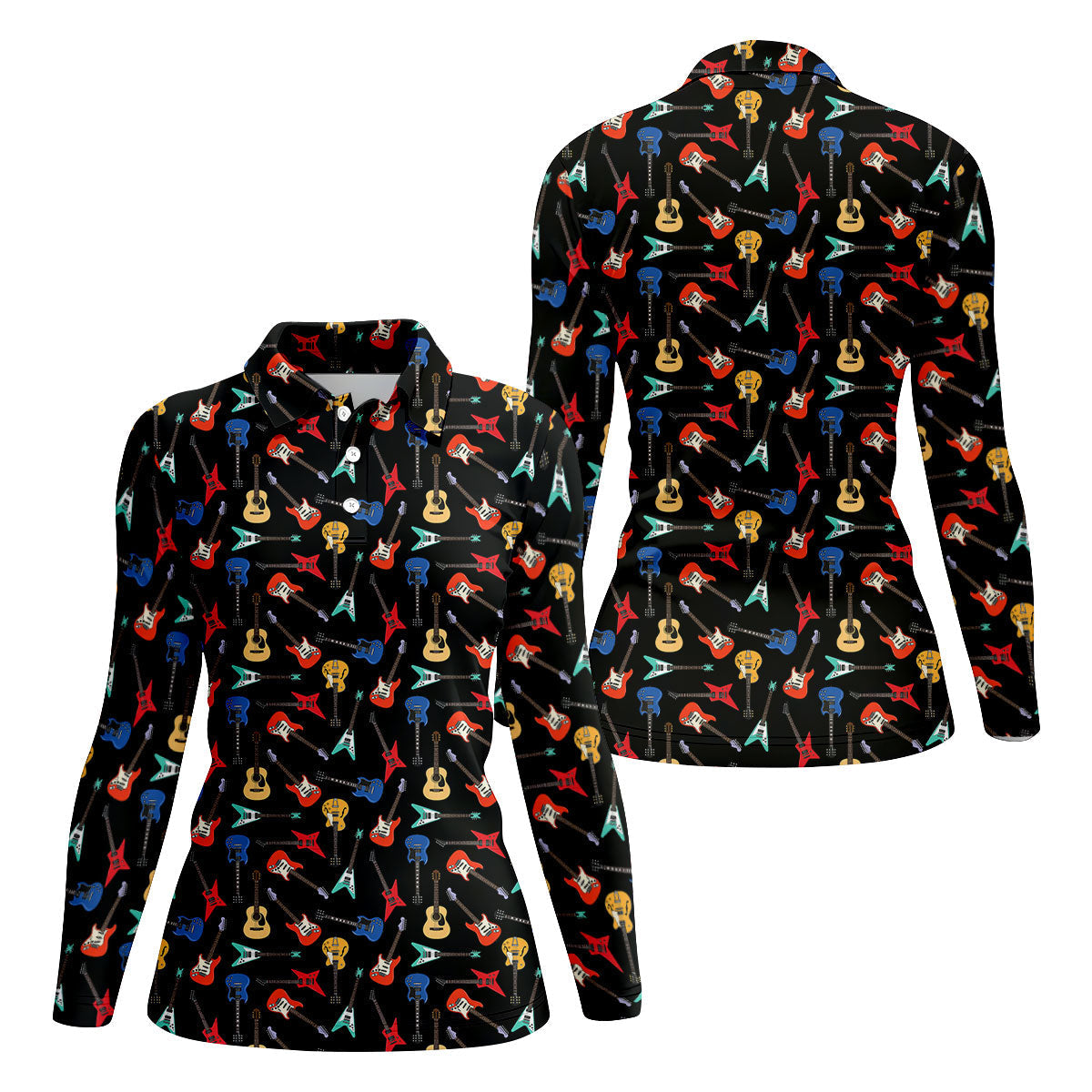 Electric Guitar Pattern Black Golf Shirt, Women’s Golf Polo, Golf Shirts For Women, Printed Golf Shirt