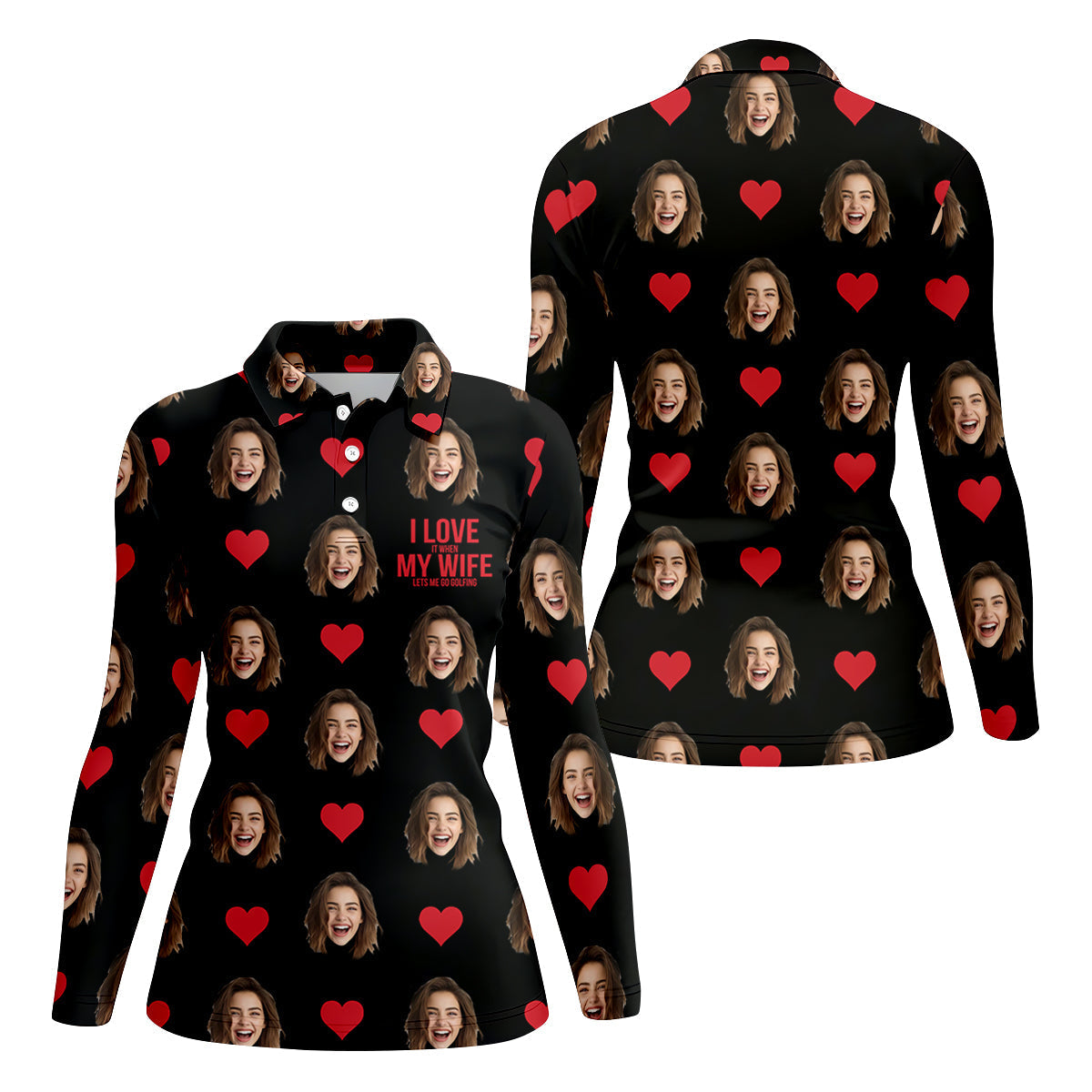 I Love My Wife Custom Photo Black Golf Shirt, Valentines Golf Gift, Women Golf Top, Ladies Golf Polos