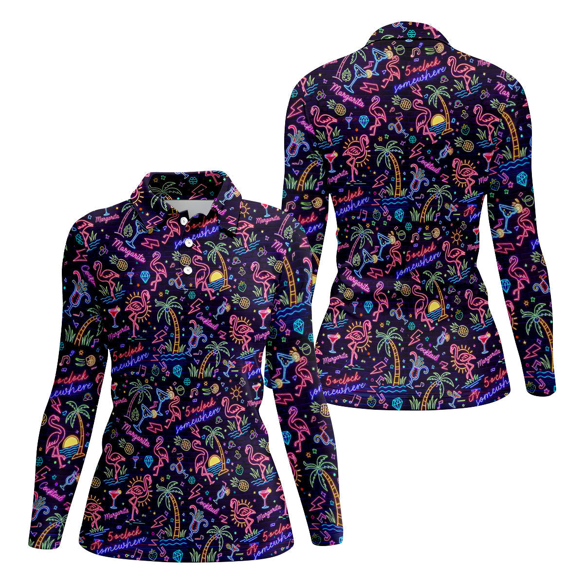 Tropical Theme Neon Pattern Black Golf Shirt, Women's Golf Tops, Golf Shirt For Women, Ladies Golf Shirts