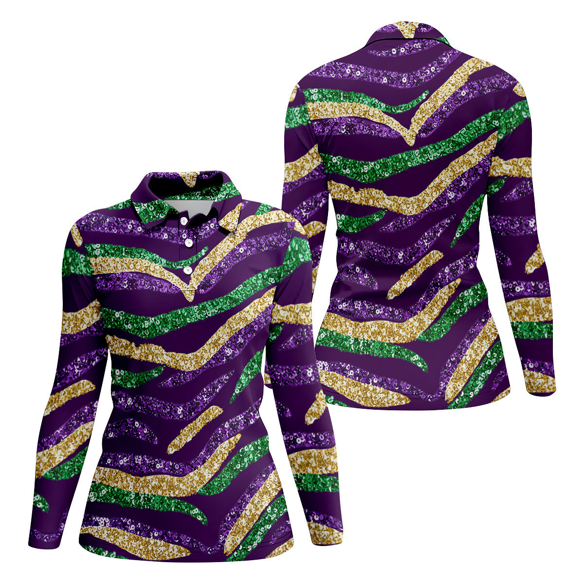 Purple Green Gold Sequin Pattern Purple Golf Shirt, Mardi Gras Golf Shirt, Women's Golf Tops, Ladies Golf Shirts