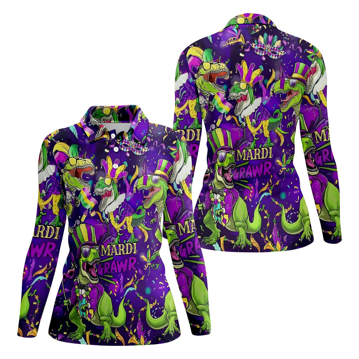 Mardi Grawr Purple Green Gold Funny Dinosaur Mardi Gras Golf Shirt, Women's Golf Tops, Ladies Golf Shirt