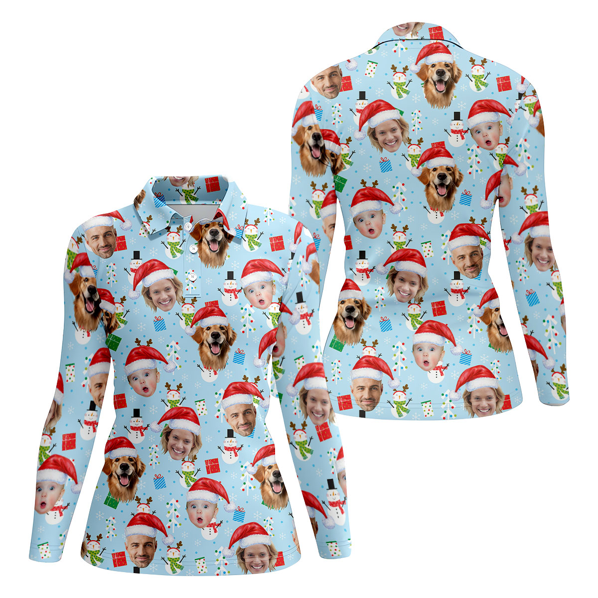 Custom Face Cute Snowman Pastel Blue Christmas Golf Shirt, Women's Golf Tops, Ladies Golf Shirts