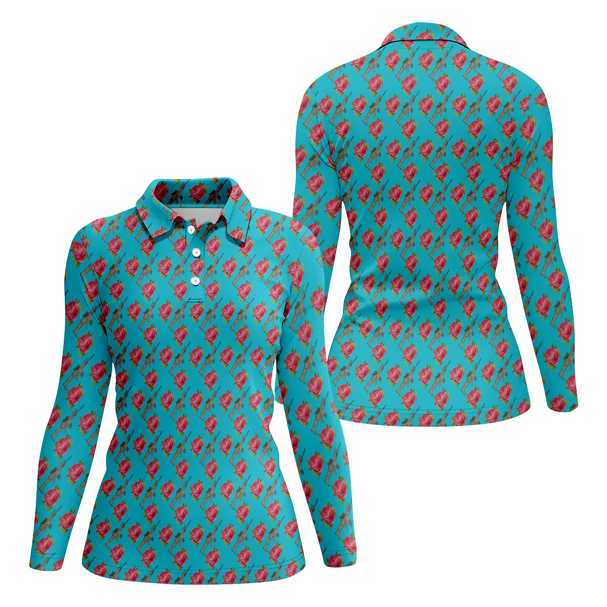 Gun And Rose Seamless Pattern Blue Golf Shirt, Women's Golf Tops, Ladies Golf Shirt