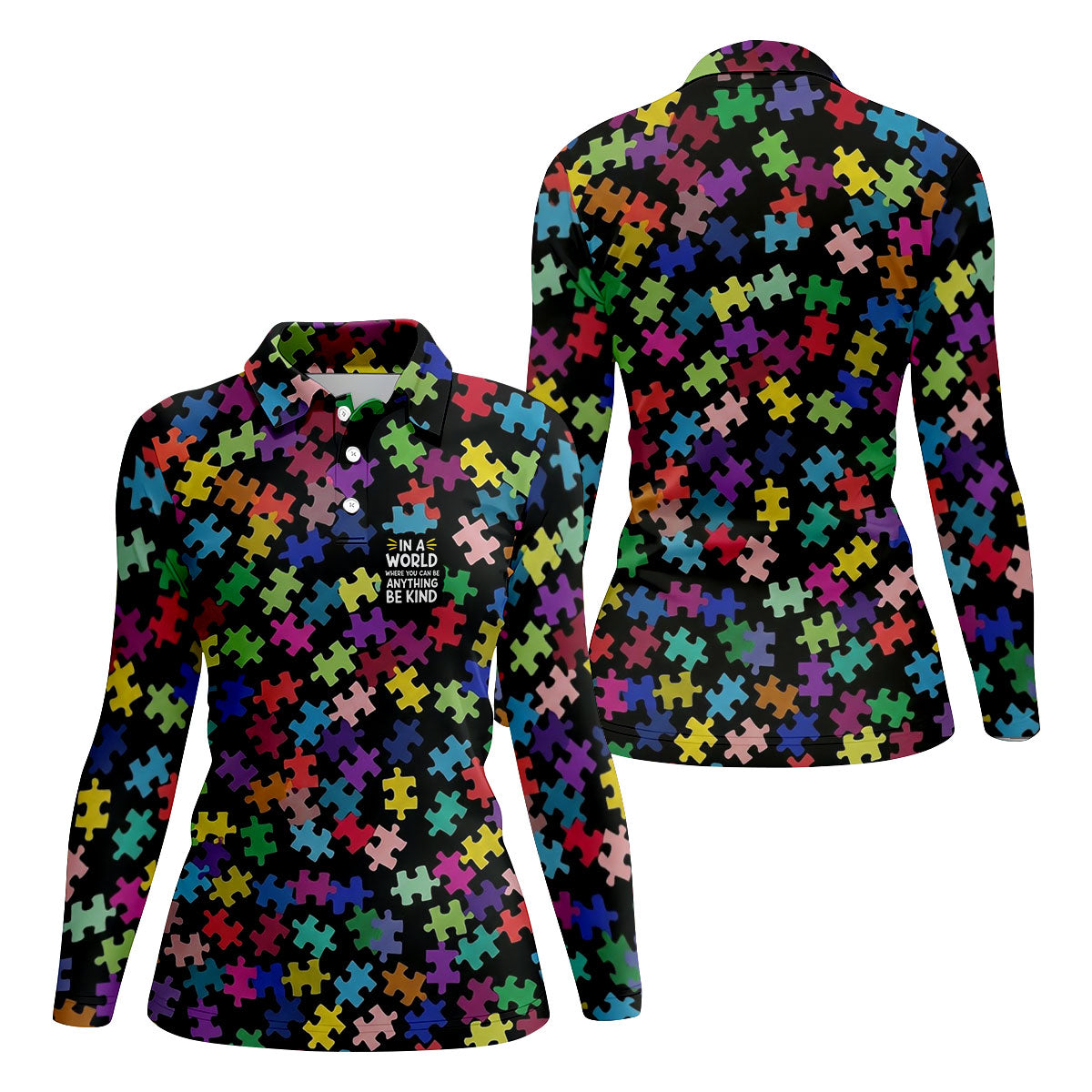 In A World Where You Can Be Anything Be Kind Autism Awareness Puzzle Pattern Golf Shirt For Women, Ladies Golf Polos