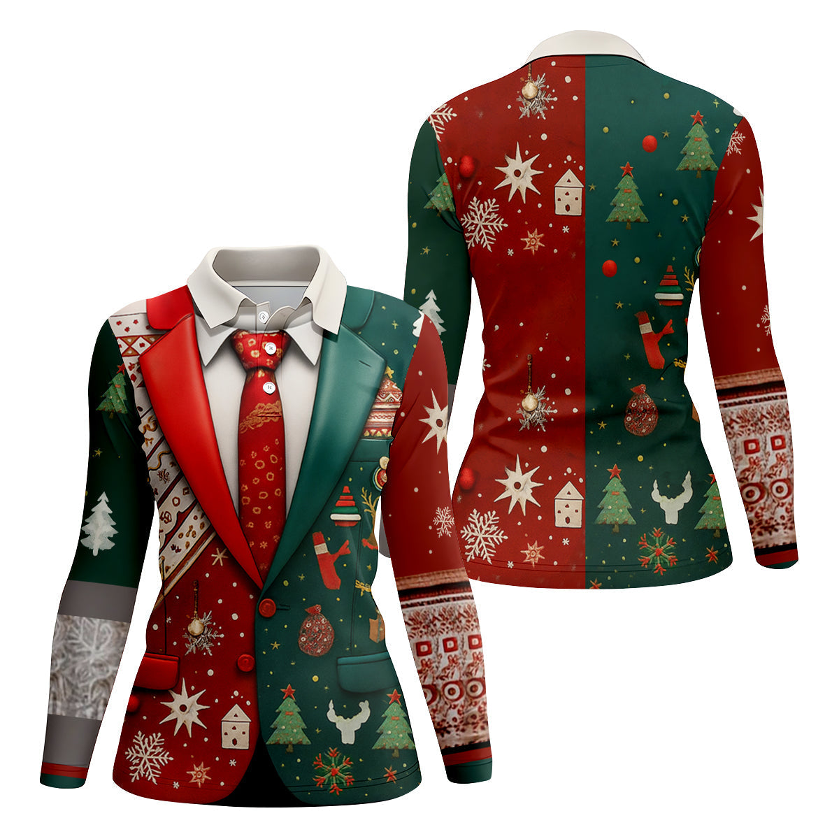 Red And Green Xmas Vintage Prints Women Golf Top, Christmas Golf Shirt, Ladies Golf Tops