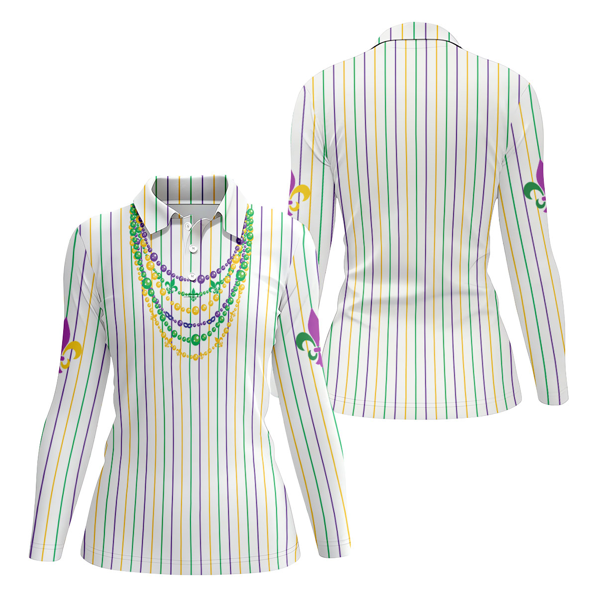 Mardi Gras Beads Necklaces Print White Golf Shirt, Women's Golf Shirts, Ladies Golf Polos, Golf Shirt For Women