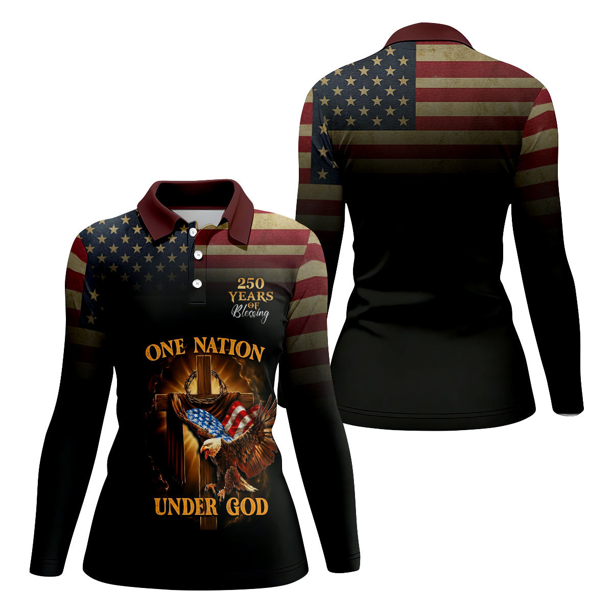 One Nation Under God 250 Years Faith Cross 4th Of July Golf Shirt, Patriotic Women's Golf Tops
