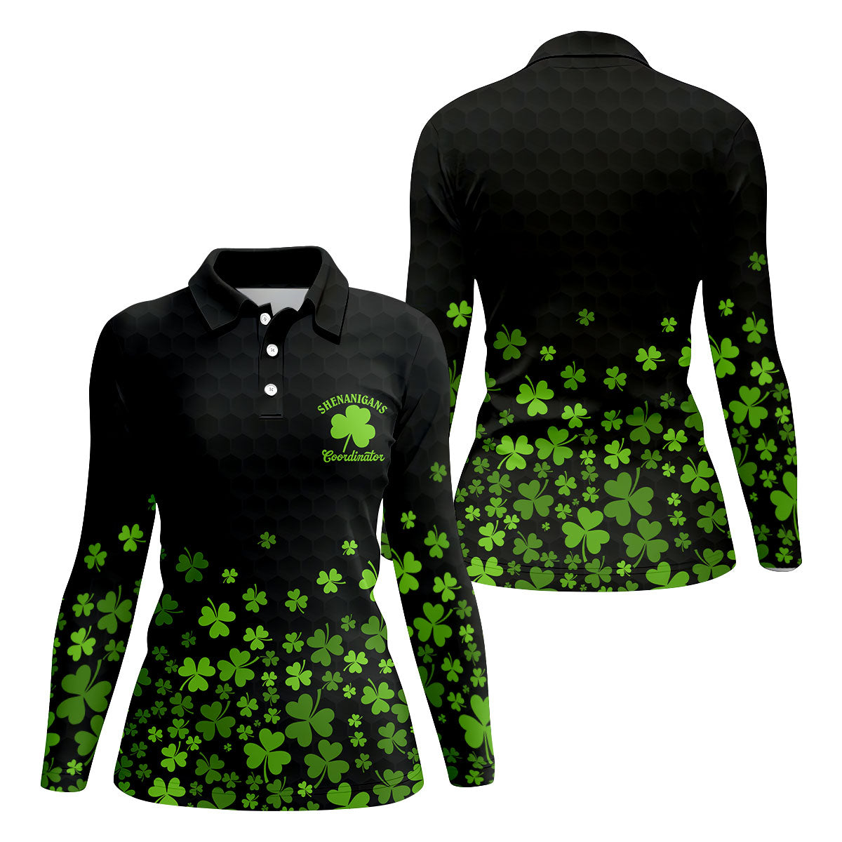 Shenanigans Coordinator Golf Ball Pattern St Patrick Day Black Golf Shirt, Women's Golf Tops, Ladies Golf Polos
