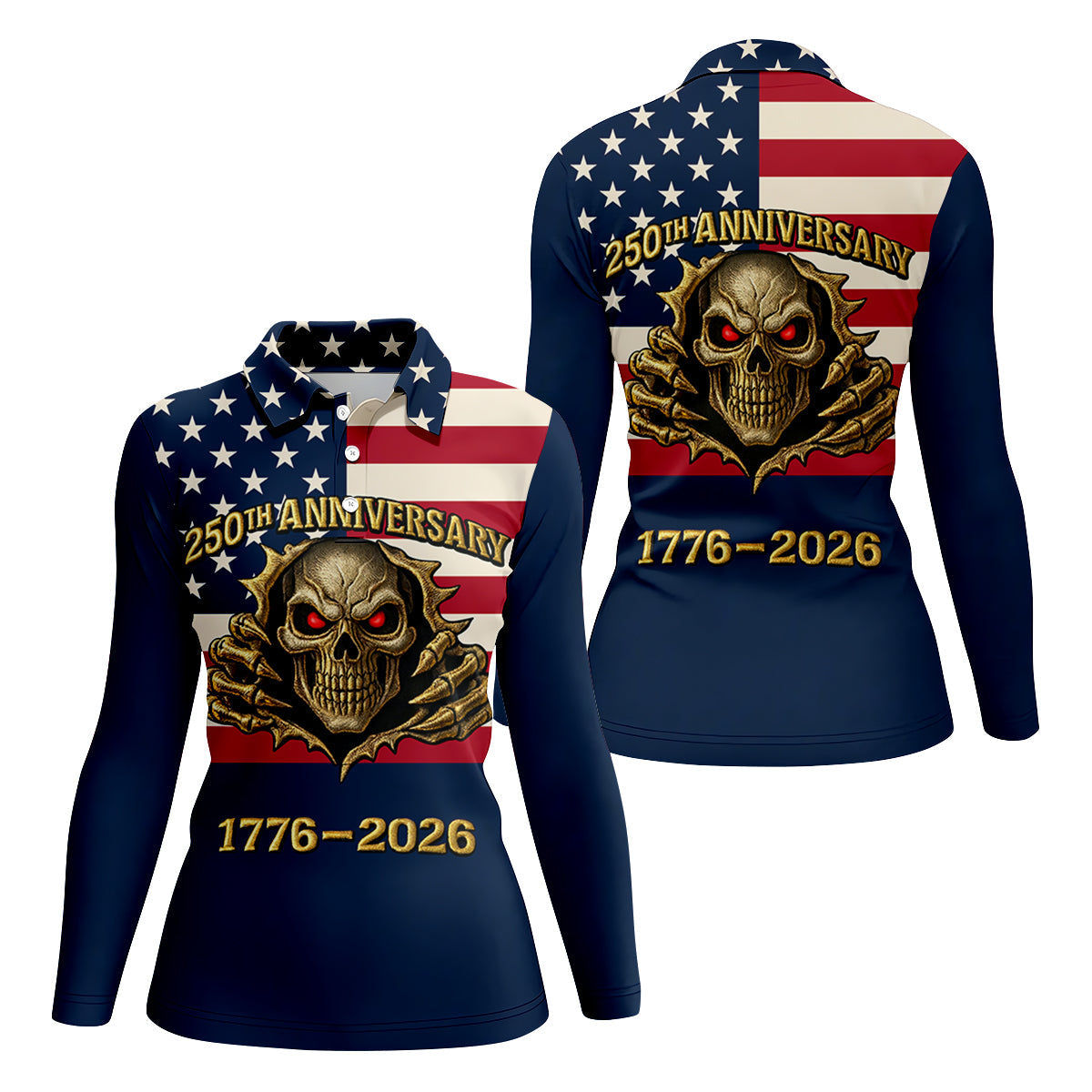 Patriotic American Flag Cool Skull 250th Anniversary Women's Golf Tops, Ladies Golf Shirts, Golf Gift For Ladies