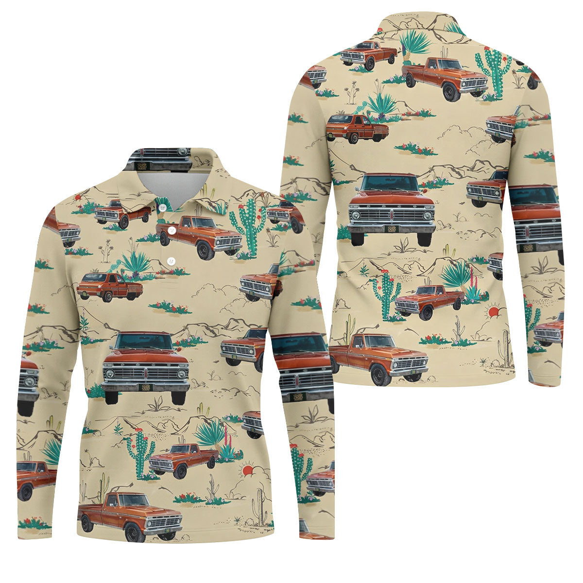 Personalized Pickup Truck Golf Shirt, Southwestern Desert Cactus Pattern, Golf Shirt For Men