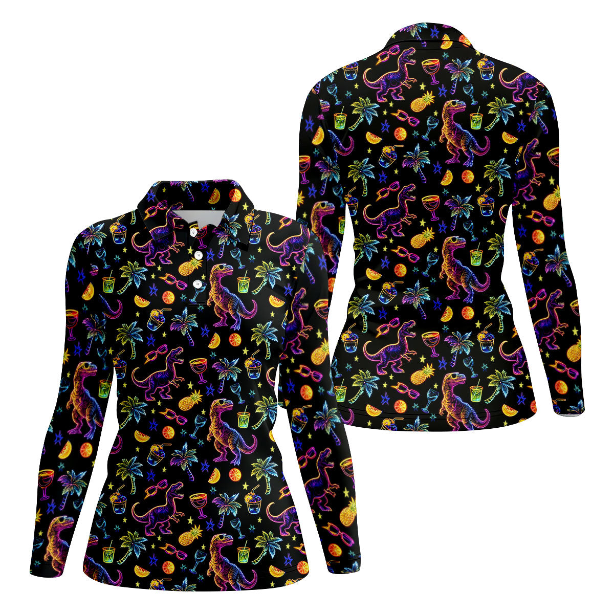 Neon Dinosaur Tropical Theme Hawaiian Golf Shirt, Golf Shirt For Women, Golfing Apparel
