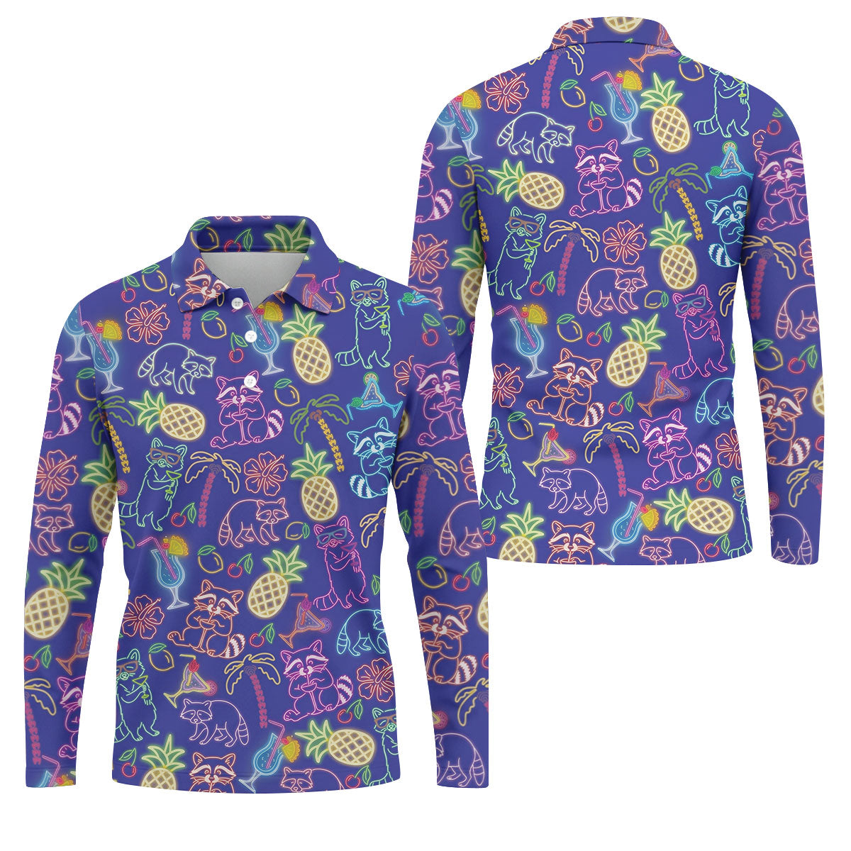 Neon Tropical Raccoon Cocktail Pattern Hawaiian Golf Shirt, Men's Golf Shirt, Polo Shirts For Men