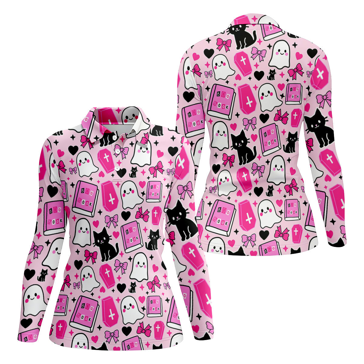 Halloween Boo And Cat Coquette Pink Women Golf Top, Cute Golf Outfit, Ladies Golf Shirts
