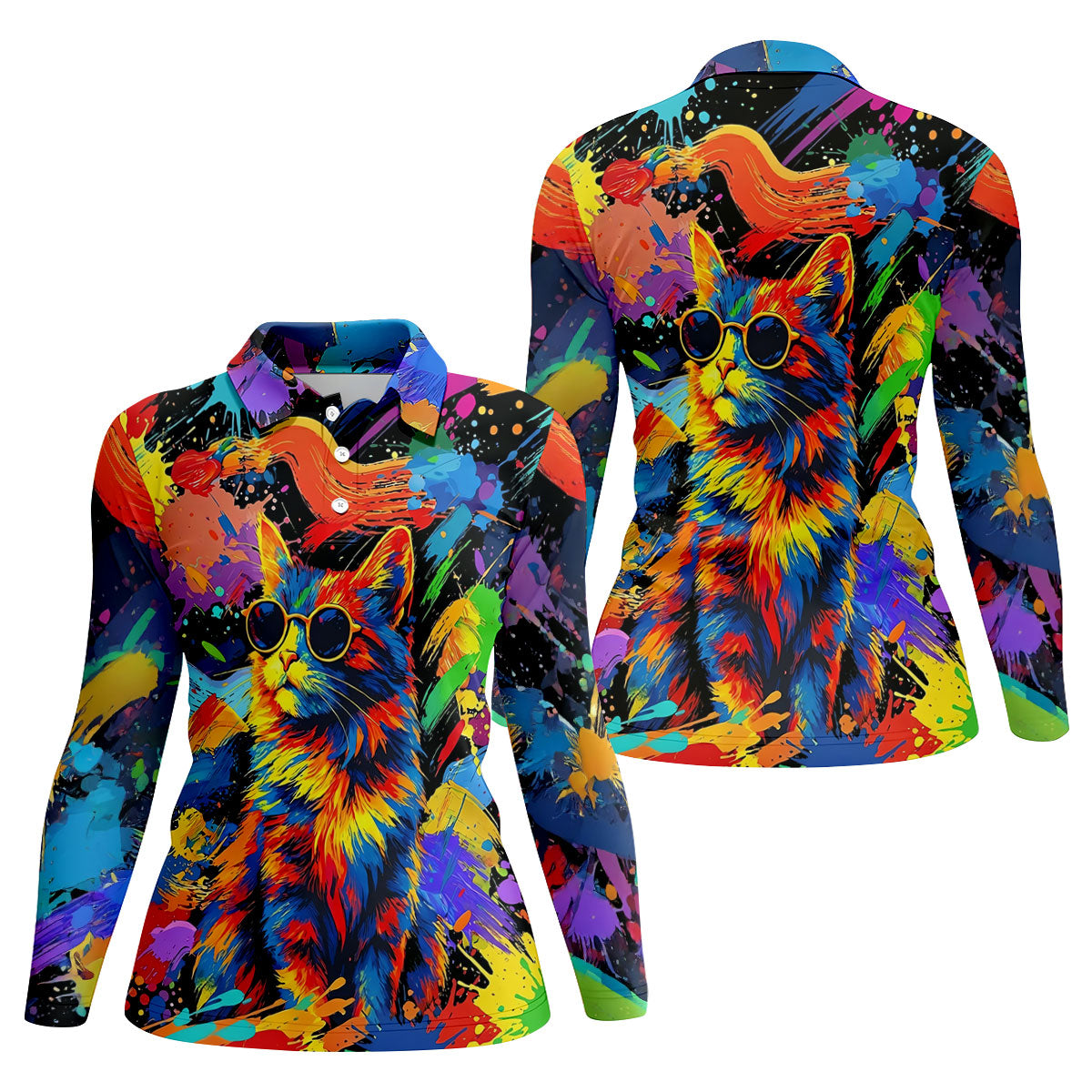 Colorful Cat Wearing Sunglasses Art Golf Shirt, Women's Golf Shirt, Hawaiian Golf Shirt