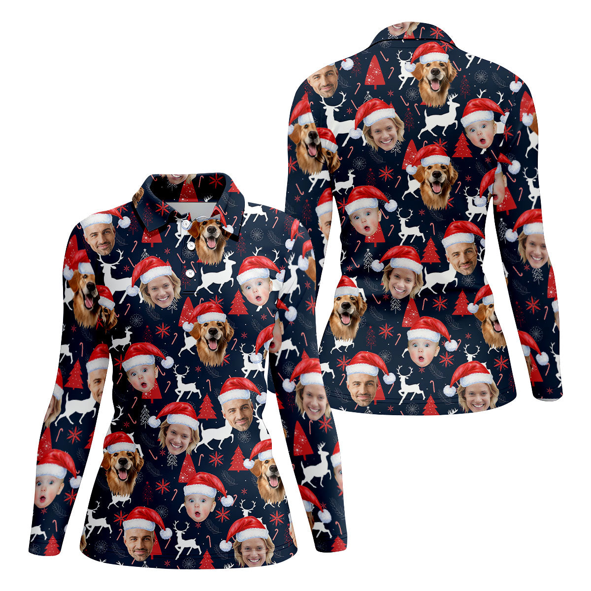 Custom Face Red And Navy Seamless Pattern Christmas Golf Shirt, Ladies Golf Shirts, Golf Gifts For Women