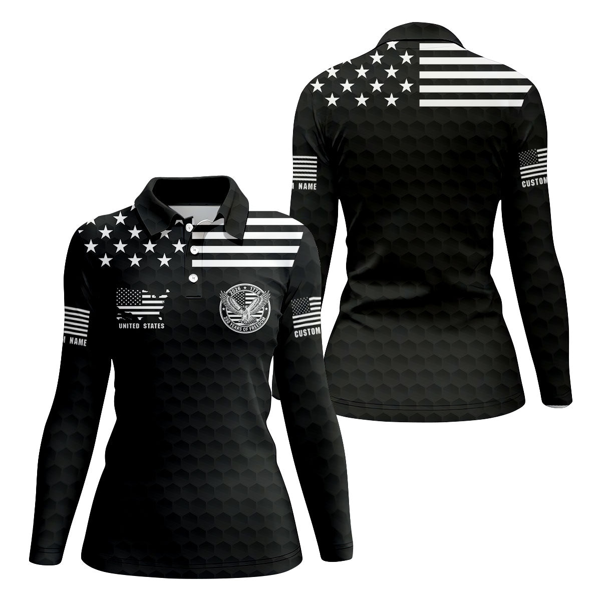 250 Years Of Freedom Golf Ball Pattern Black Golf Shirt, 4th Of July Patriotic Golf Shirt For Women