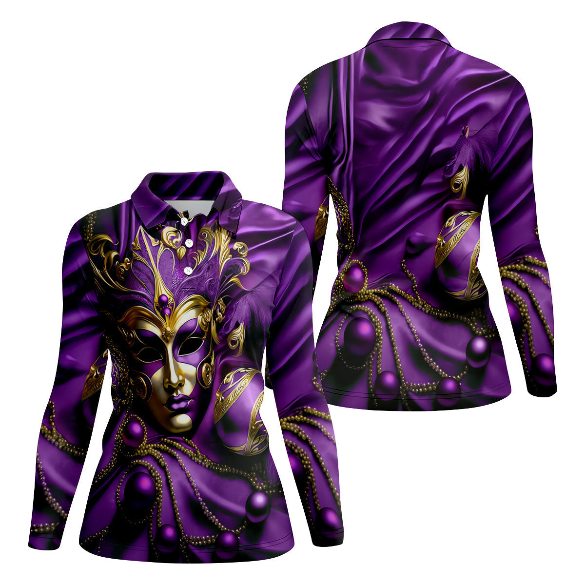 Mardi Gras Face Mask Purple Golf Shirt, Women's Golf Tops, Ladies Golf Polos, Women's Polo Shirt