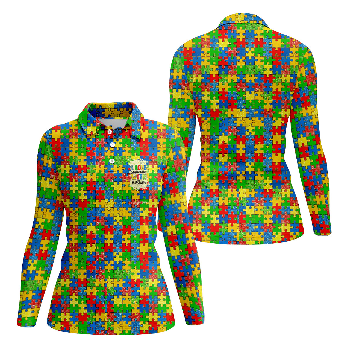 I Love Someone With Autism Colorful Puzzle Pattern Golf Shirt For Women, Autism Awareness Ladies Golf Polos