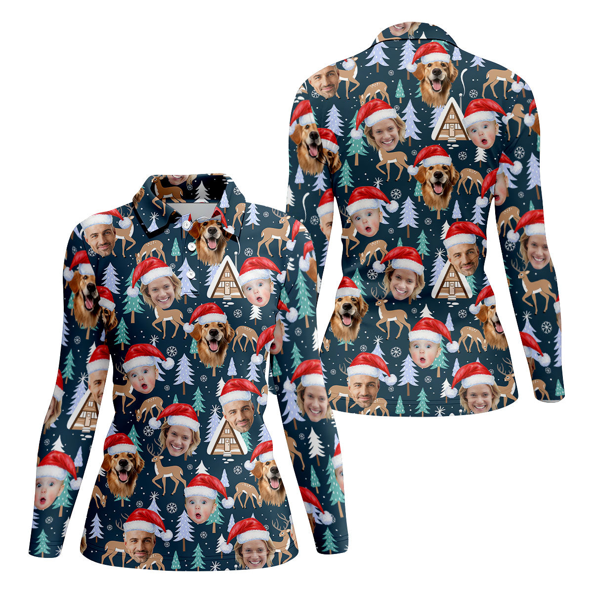Custom Face Pine Tree Reindeer Dark Teal Green Christmas Golf Shirt, Golf Gifts For Women