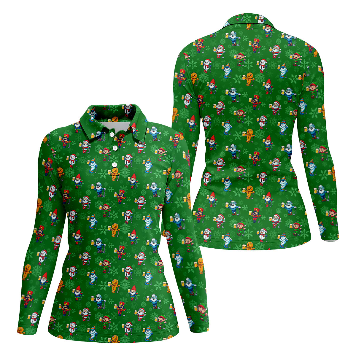 Christmas Characters Golf And Beer Green Women's Funny Golf Shirts, Christmas Golf Shirt, Polo ShirtFor Women